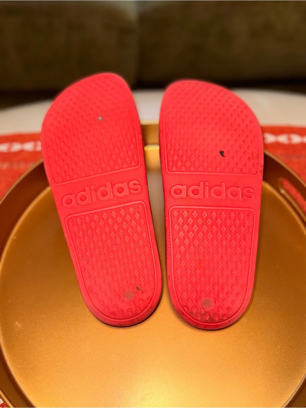 adidas Red Slides with White Stripe Detail